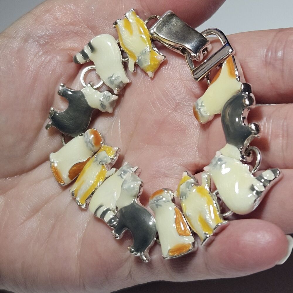 *Sale*Cat Bracelet Chain Link Magnetic Clasp Kitty Cat Kitten Calico Silver 7.5" - Picture 3 of 16
